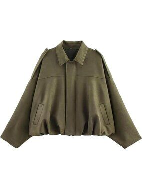 Women's Green Faux Suede Batwing Sleeve Oversized Cropped Bomber Jacket